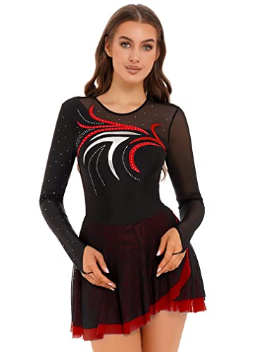 FEESHOW Frauen Eislaufkleid Langarm Ballettbody Leotard mit asymmetrischen Rock Glitzer Skating Kleid Gymnastik Tanzkleidung Rot_J L von FEESHOW