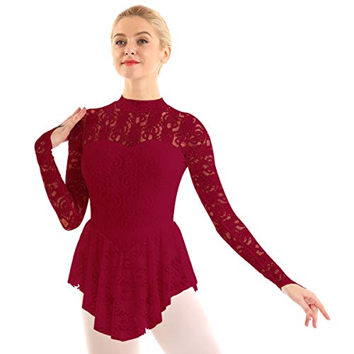 FEESHOW Frauen Eislaufkleid Spitze Ballettkleid Tanztrikot Leotard Langarm mit asymmetrisches Rock Professionelles Leistung Wettbewerb Skating Wear Weinrot XS von FEESHOW