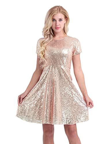 FEESHOW Frauen Glitzer Partykleid Cocktailkleid Paillettenkleider Skaterkleid A Linien Glänzende Festliche Hochzeitskleid Abend Festzug Sommerkleid Gold 34 von FEESHOW