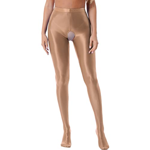 FEESHOW Frauen Glanz Glossy Strumpfhosen Ouvert Blickdichte Seideglatte Strümpfe Dessous-Pants Stockings Mit Offenem Schritt Kaffee_C XL von FEESHOW