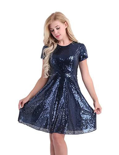 FEESHOW Frauen Glitzer Partykleid Cocktailkleid Paillettenkleider Skaterkleid A Linien Glänzende Festliche Hochzeitskleid Abend Festzug Sommerkleid Marineblau 40 von FEESHOW