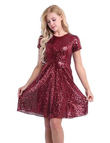 FEESHOW Frauen Glitzer Partykleid Cocktailkleid Paillettenkleider Skaterkleid A Linien Glänzende Festliche Hochzeitskleid Abend Festzug Sommerkleid Weinrot 44 von FEESHOW