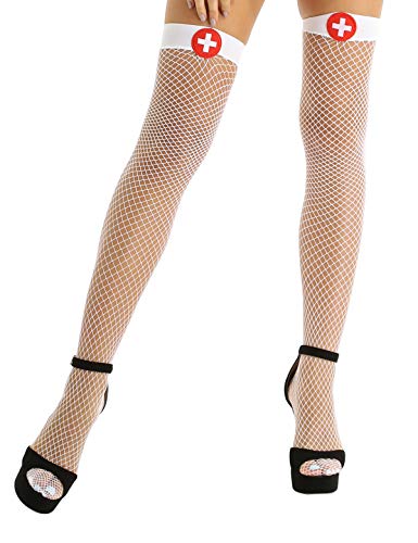 FEESHOW Frauen Krankenschwester Kostüm Netzstrümpfe Halterlose Strümpfe Strumpfhosen Oberschenkel Halloween Cosplay Outfit Weiß One Size von FEESHOW