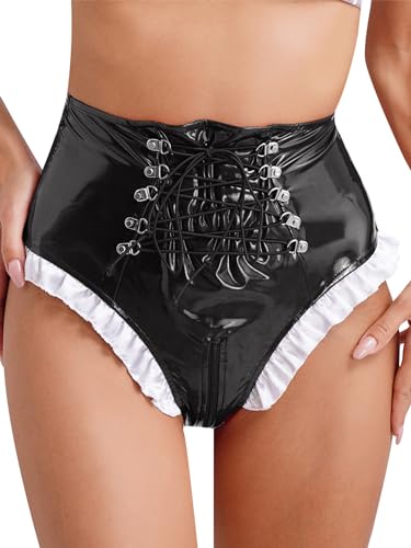 FEESHOW Frauen Lack Leder Latex Slip Shorts Sexy Ouvert Wetlook Hotpants Unterwäsche Dienstmädchen Kostüm Kurze Latexhose High Waist Schwarz 3XL von FEESHOW