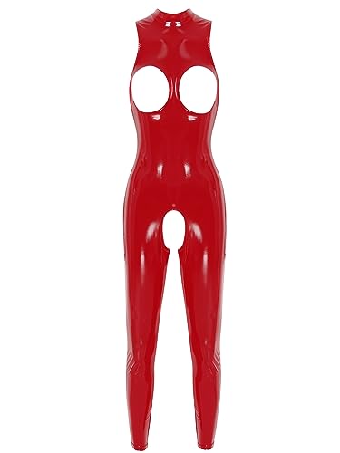 FEESHOW Frauen Lackleder Body Wetlook Catsuit Brust Und Schritt Offen Jumpsuit Latex Rubber Gummi Ganzanzug Party Clubwear A_Rot 4XL von FEESHOW