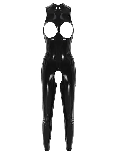 FEESHOW Frauen Lackleder Body Wetlook Catsuit Brust Und Schritt Offen Jumpsuit Latex Rubber Gummi Ganzanzug Party Clubwear A_Schwarz L von FEESHOW