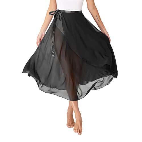 FEESHOW Frauen Mädchen Elegant Ballettrock Asymmetrische Chiffon Wickelrock Tanzrock Sommer Dünn Damenrock Yoga Sport Schwarz_B Einheitsgröße von FEESHOW