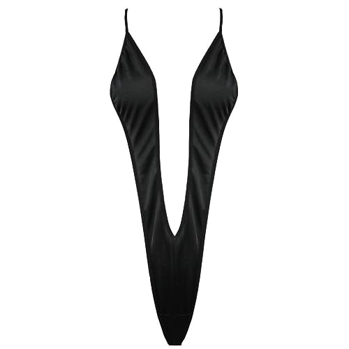 FEESHOW Frauen Sexy Monokini Einteiliger Badeanzug Tiefer V Ausschnitt Stringbody Erotische Unterwäsche Stretch Bademode Strandmode Schwarz Einheitsgröße von FEESHOW