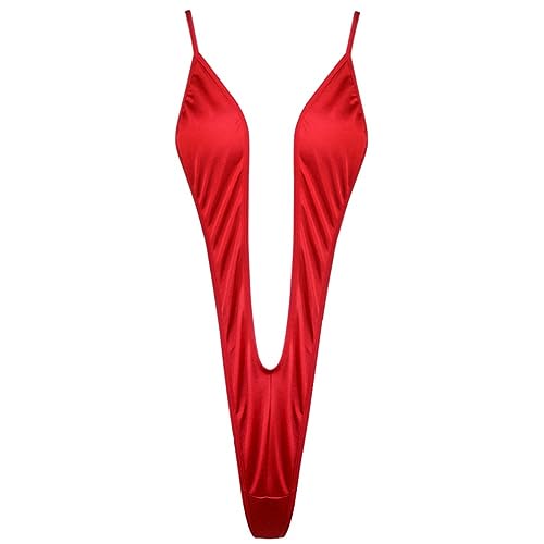 FEESHOW Frauen Sexy Monokini Einteiliger Badeanzug Tiefer V Ausschnitt Stringbody Erotische Unterwäsche Stretch Bademode Strandmode Rot Einheitsgröße von FEESHOW