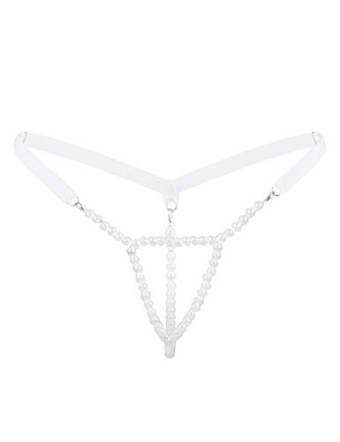 FEESHOW Frauen Sexy Strings Micro Slip Tanga Thong mit zweireihiger Perlen T-Back Perlenstring Erotik Dessous Schlüpfer Weiß Einheitsgröße von FEESHOW