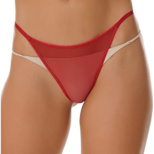 FEESHOW Frauen Transparent Micro Slip String Tanga T-Back Mini Bikini Thong Niedrige Taille Rot-Mesh_B M von FEESHOW