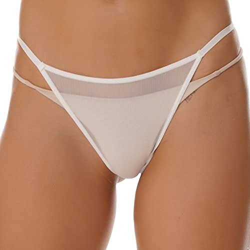 FEESHOW Frauen Transparent Micro Slip String Tanga T-Back Mini Bikini Thong Niedrige Taille Weiß-Mesh_B L von FEESHOW