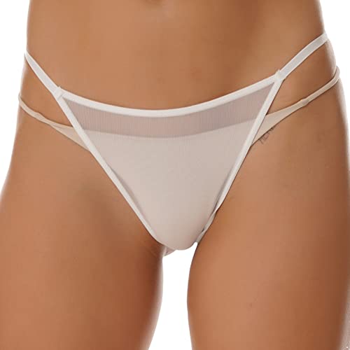 FEESHOW Frauen Transparent Micro Slip String Tanga T-Back Mini Bikini Thong Niedrige Taille Weiß-Mesh_B M von FEESHOW