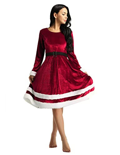 FEESHOW Frauen Weihnachten Kleider Festlich Weihnachtsfrau Nikolaus Kostüm Miss Santa Kleid Vintage Rockabilly Kleid Party Ballkleid Festkleid A Linien Rot M von FEESHOW