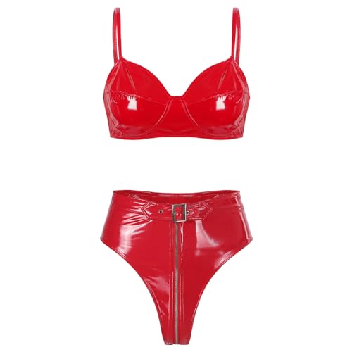 FEESHOW Frauen Wetlook Dessous BH Top Mini Slip G-String Set Lackoptik Bikini Thong High Cut Leder Lingerie Negligee Set Rot_F XL von FEESHOW
