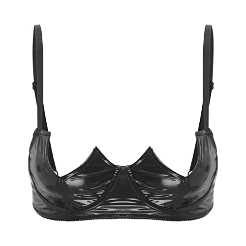 FEESHOW Frauen Wetlook Offene Büste BH Büstenhebe Bra Top Lackleder Brust Körper Harness Brustfrei Dessous Lingerie Schwarz E L von FEESHOW