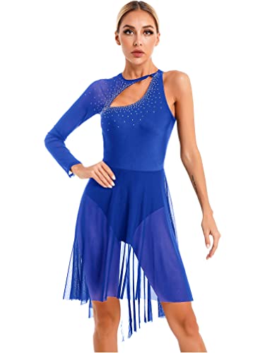 FEESHOW Frauen lyrische Tanzkleider Asymmetrisches-Single Langarm Ballettkleid Tanz Trikot Swing Rock Ballsaal Iyrical Dance Dress Königsblau_G M von FEESHOW