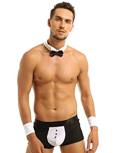 FEESHOW Herren 3tlg. Kellner Kostüm Barkeeper Zimmermädchen Cosplay Faschingskostüm Reizwäsche Unterhose Fliege Kragen Armbänder Set Schwarz_A L von FEESHOW