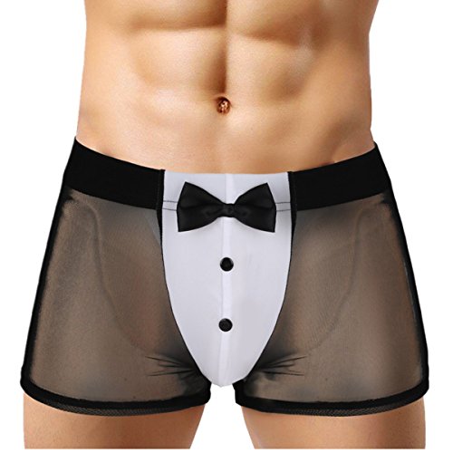 FEESHOW Herren Barkeeper Cosplay Kostüm Kellner Dessous Männer Durchsichtige Unterwäsche Mesh Boxershorts mit Hasenohrenentwurf Schwarz Large von FEESHOW