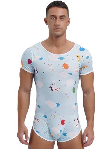 FEESHOW Herren Bodysuit Schlafanzug Niedlicher Print Männer Body Einteiler Unterwäsche Kurzarm Unterhemd Rundhals T-Shirt Trikot E XXL von FEESHOW