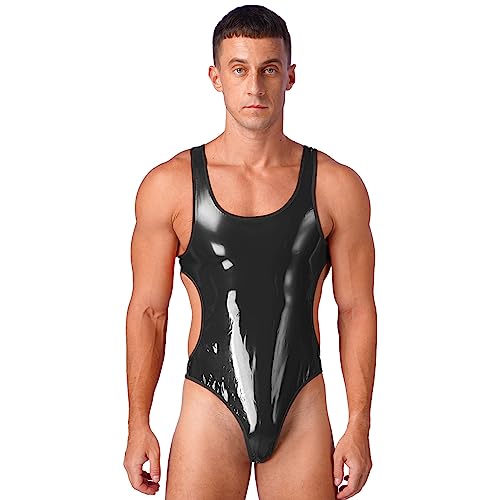 FEESHOW Herren Bodysuit Wetlook Dessous Ouvert Stringbody Lack-Optik Overall Unterhemd Männerbody Einteile Unterwäsche Schwarz K 3XL von FEESHOW