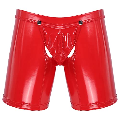 FEESHOW Herren Boxer Shorts ouvert Hotpants Lack Leder Unterwäsche mit Reißverschluss Lederoptik Backless Untehose Clubwear Rot_B M von FEESHOW