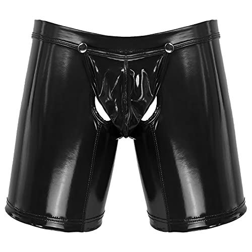 FEESHOW Herren Boxer Shorts ouvert Hotpants Lack Leder Unterwäsche mit Reißverschluss Lederoptik Backless Untehose Clubwear Schwarz_B XL von FEESHOW