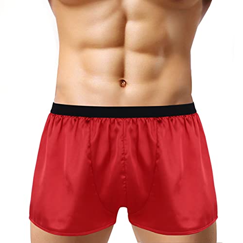 FEESHOW Herren Boxershorts Schlafanzughose Boxer Briefs Trunks Unterwäsche Satin Basic Locker Rot Medium von FEESHOW