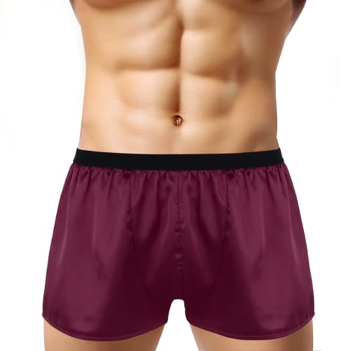 FEESHOW Herren Boxershorts Schlafanzughose Boxer Briefs Trunks Unterwäsche Satin Basic Locker Weinrot Medium von FEESHOW