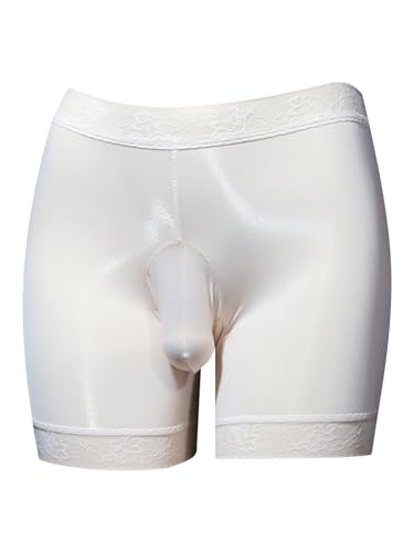 FEESHOW Herren Boxershorts Seide Durchsichtige Öl-Glanz Unterhosen Mit Großen Beutel Männer Slips Erotische Höschen Reizwäsche Beige XL von FEESHOW