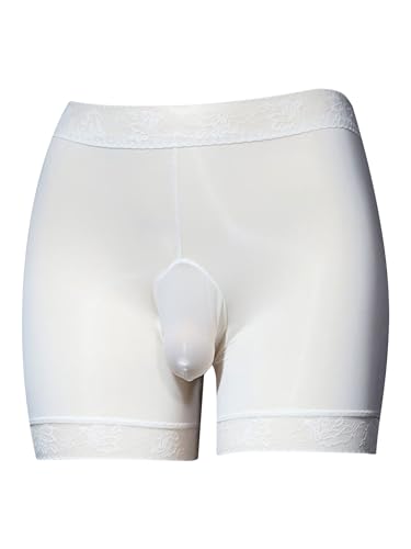 FEESHOW Herren Boxershorts Seide Durchsichtige Öl-Glanz Unterhosen Mit Großen Beutel Männer Slips Erotische Höschen Reizwäsche Weiß L von FEESHOW