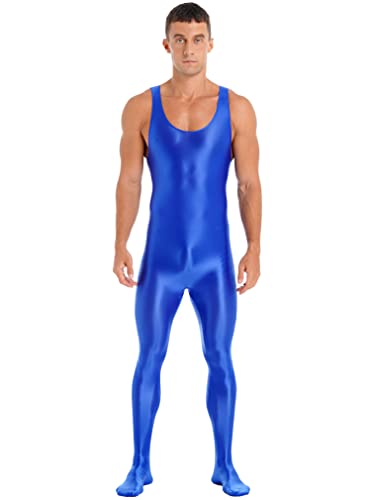 FEESHOW Herren Glänzend Nylon Bodysuit Overall Einteiler Sport Body Gymnastikanzug Trikot Leotard Ganzkörper Strumpfhose Nachtwäsche A_Blau XL von FEESHOW