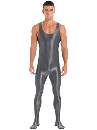 FEESHOW Herren Glänzend Nylon Bodysuit Overall Einteiler Sport Body Gymnastikanzug Trikot Leotard Ganzkörper Strumpfhose Nachtwäsche A_Dunkelgrau XL von FEESHOW