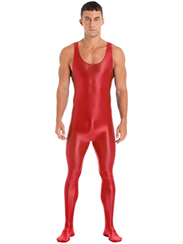 FEESHOW Herren Glänzend Nylon Bodysuit Overall Einteiler Sport Body Gymnastikanzug Trikot Leotard Ganzkörper Strumpfhose Nachtwäsche A_Rot XL von FEESHOW