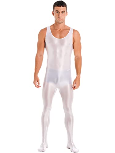 FEESHOW Herren Glänzend Nylon Bodysuit Overall Einteiler Sport Body Gymnastikanzug Trikot Leotard Ganzkörper Strumpfhose Nachtwäsche A_Weiß M von FEESHOW