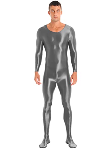 FEESHOW Herren Glänzend Nylon Bodysuit Overall Einteiler Sport Body Gymnastikanzug Trikot Leotard Ganzkörper Strumpfhose Nachtwäsche B_Dunkelgrau XL von FEESHOW