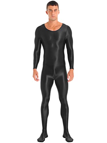 FEESHOW Herren Glänzend Nylon Bodysuit Overall Einteiler Sport Body Gymnastikanzug Trikot Leotard Ganzkörper Strumpfhose Nachtwäsche B_Schwarz M von FEESHOW