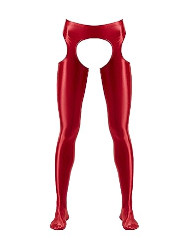 FEESHOW Herren Glänzende Strumpfhose Offener Schritt Glanz Glossy Strapsen Strümpfe Strumpfgürtel Stockings Blickdicht A_Rot XL von FEESHOW
