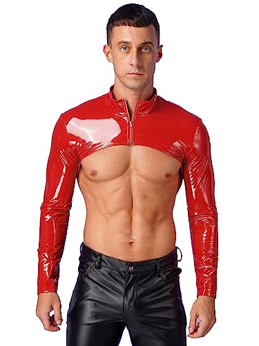 FEESHOW Herren Glänzendes Lackleder Jacke Crop Top Bauchfrei Kurz Latex Optik Muskelshirt Shrug Top Party Clubwear A_Rot 3XL von FEESHOW