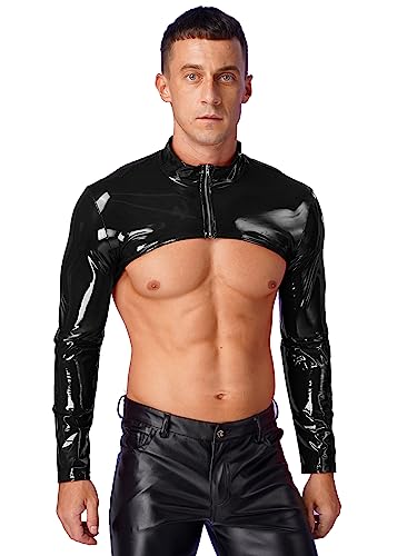 FEESHOW Herren Glänzendes Lackleder Jacke Crop Top Bauchfrei Kurz Latex Optik Muskelshirt Shrug Top Party Clubwear A_Schwarz M von FEESHOW