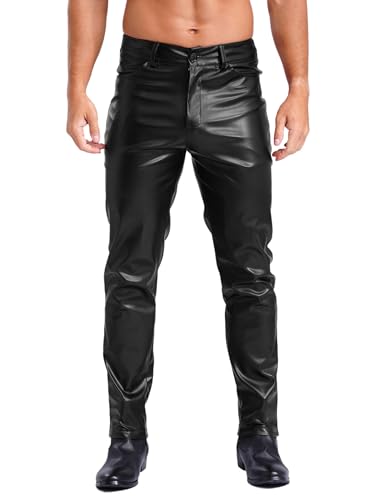 FEESHOW Herren Kunstleder Hose Gerade Slim Fit Elastische Biker Motorradjeans Lederhose Bleistifthose Party Nachtclub Outfit Schwarz 5XL von FEESHOW
