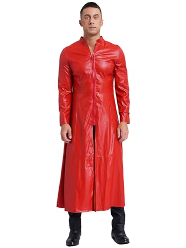 FEESHOW Herren Ledermantel Lang Gothic PU Leder Matrix Mantel Mittelalter Steampunk Militär Blazer Jacke Halloween Karneval Kostüm Rot XXL von FEESHOW