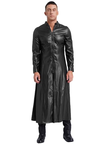FEESHOW Herren Ledermantel Lang Gothic PU Leder Matrix Mantel Mittelalter Steampunk Militär Blazer Jacke Halloween Karneval Kostüm Schwarz L von FEESHOW