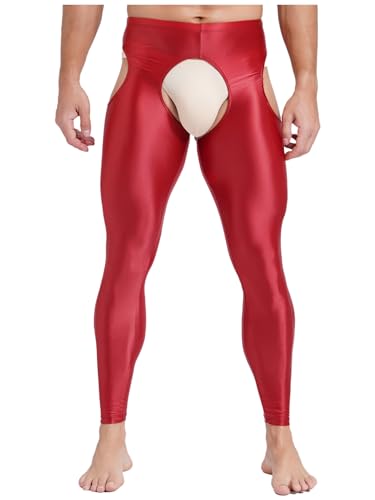FEESHOW Herren Leggings Ouvert Ölig Glänzende Nylon Strumpfhose Glossy Straps Strumpfhosen Sexy Lange Unterhose Offener Schritt Unterwäsche Rot XXL von FEESHOW