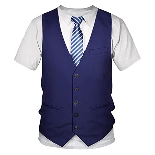FEESHOW Herren Lustiger Tshirt Kurzarm Gefälschter Anzug Smoking Fliege Weste Hemd 3D Gedruckte Shirt Sommermode Streetwear Blau XXL von FEESHOW