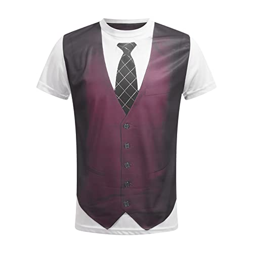 FEESHOW Herren Lustiger Tshirt Kurzarm Gefälschter Anzug Smoking Fliege Weste Hemd 3D Gedruckte Shirt Sommermode Streetwear Burgundy S von FEESHOW