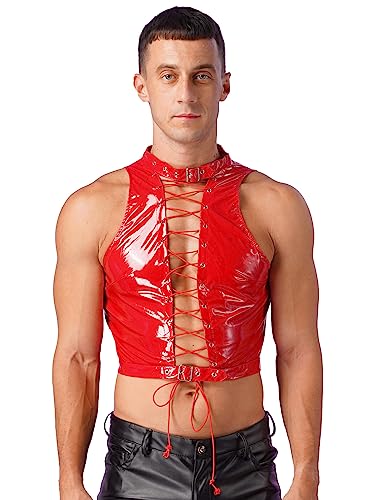 FEESHOW Herren Männer Lack Leder Top Shirt Glänzende Crop Tank Top Bauchfrei Party Gogo Clubwear Bühnenkostüm Muskelhemd A_Rot L von FEESHOW