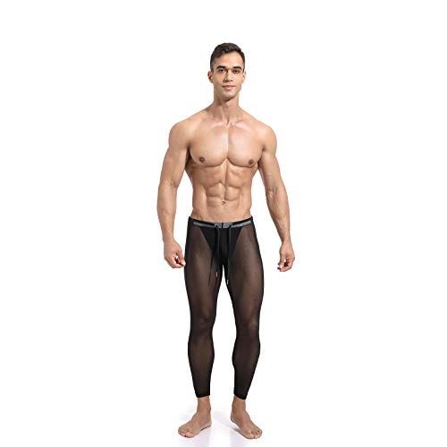 FEESHOW Männer Leggings Durchsichtig Lange Unterhose Sport Unterwäsche Strumpfhose Herren Sexy Transparent Mesh Hose Tights Pantyhose Schwarz M von FEESHOW