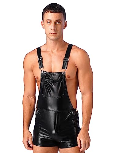 FEESHOW Herren Metallic Latzhose Wetlook Hotpants Hosenträger Hose Shorts Schlaghose Leggings Party Disco Pants Outfit Clubwear Schwarz XL von FEESHOW