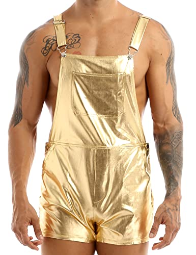 FEESHOW Herren Metallic Latzhose Wetlook Hotpants Hosenträger Hose Shorts Schlaghose Leggings Party Disco Pants Outfit Clubwear Gold 3XL von FEESHOW